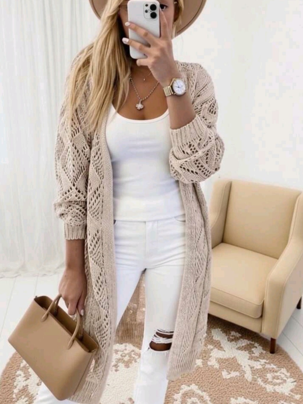 Women's Casual Long Sleeve Solid Color Hollow Out Knit Cardigan - Button Front S